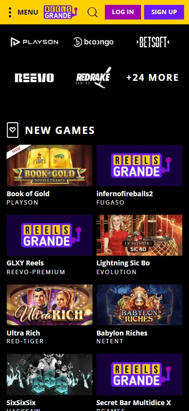 Reels Grande Casino home page on mobile