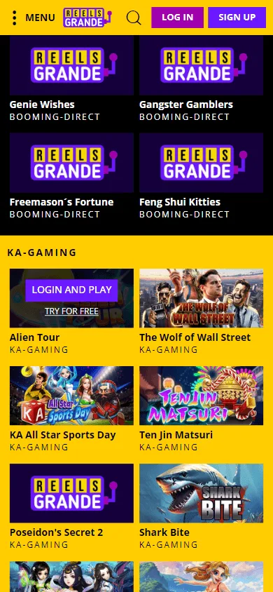Reels Grande Casino games area on mobile