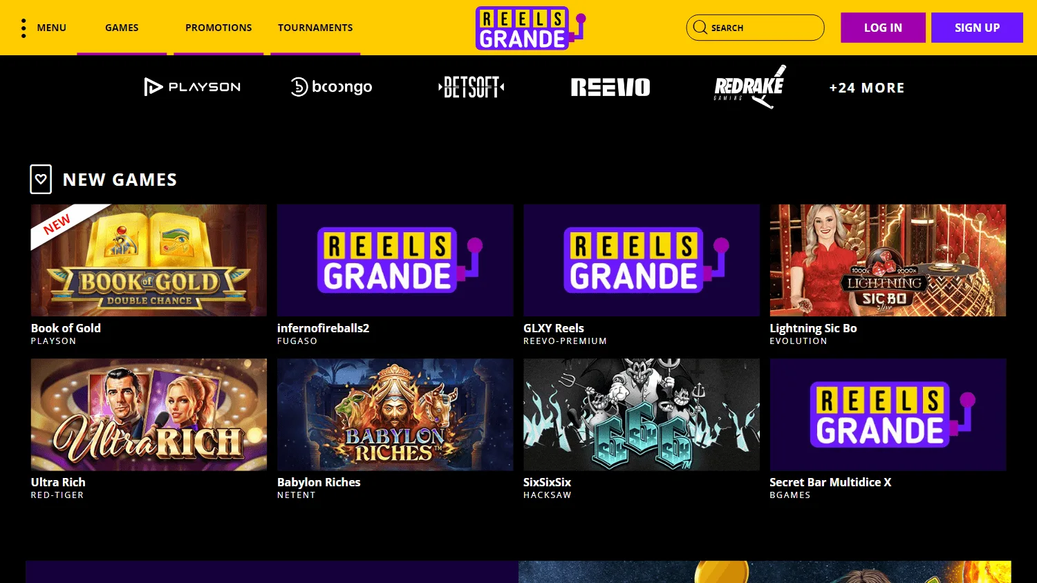 Reels Grande Casino home page on desktop